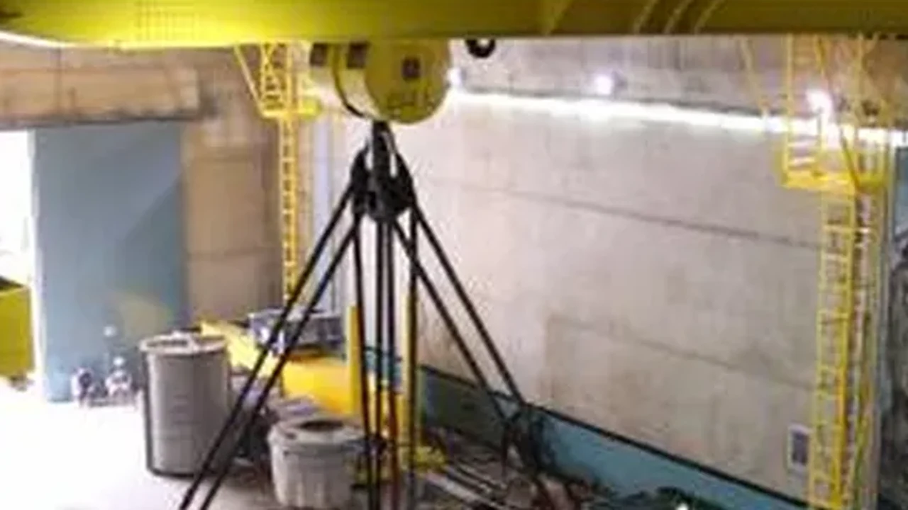 Interior of the Mangla powerhouse showing crane and industrial equipment