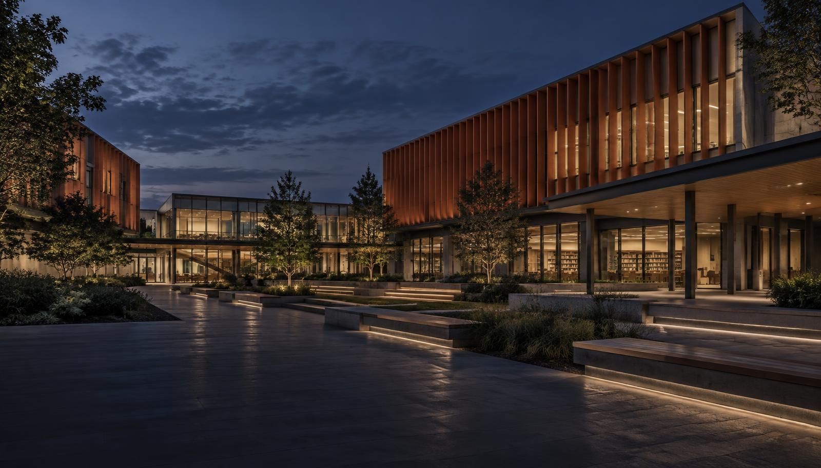Conceptual university campus with courtyard circulation and structured facades