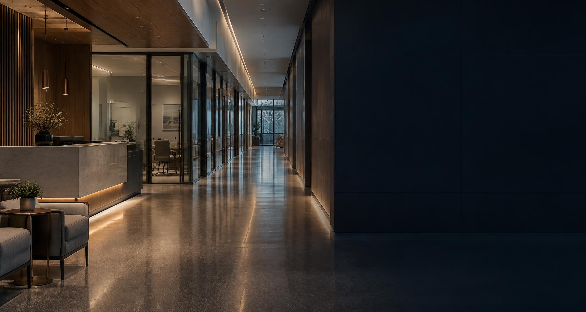 Conceptual modern healthcare interior with precise circulation and calm lighting