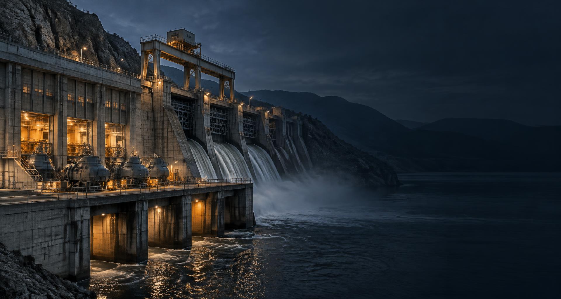 Conceptual dam and powerhouse infrastructure with heavy mechanical systems