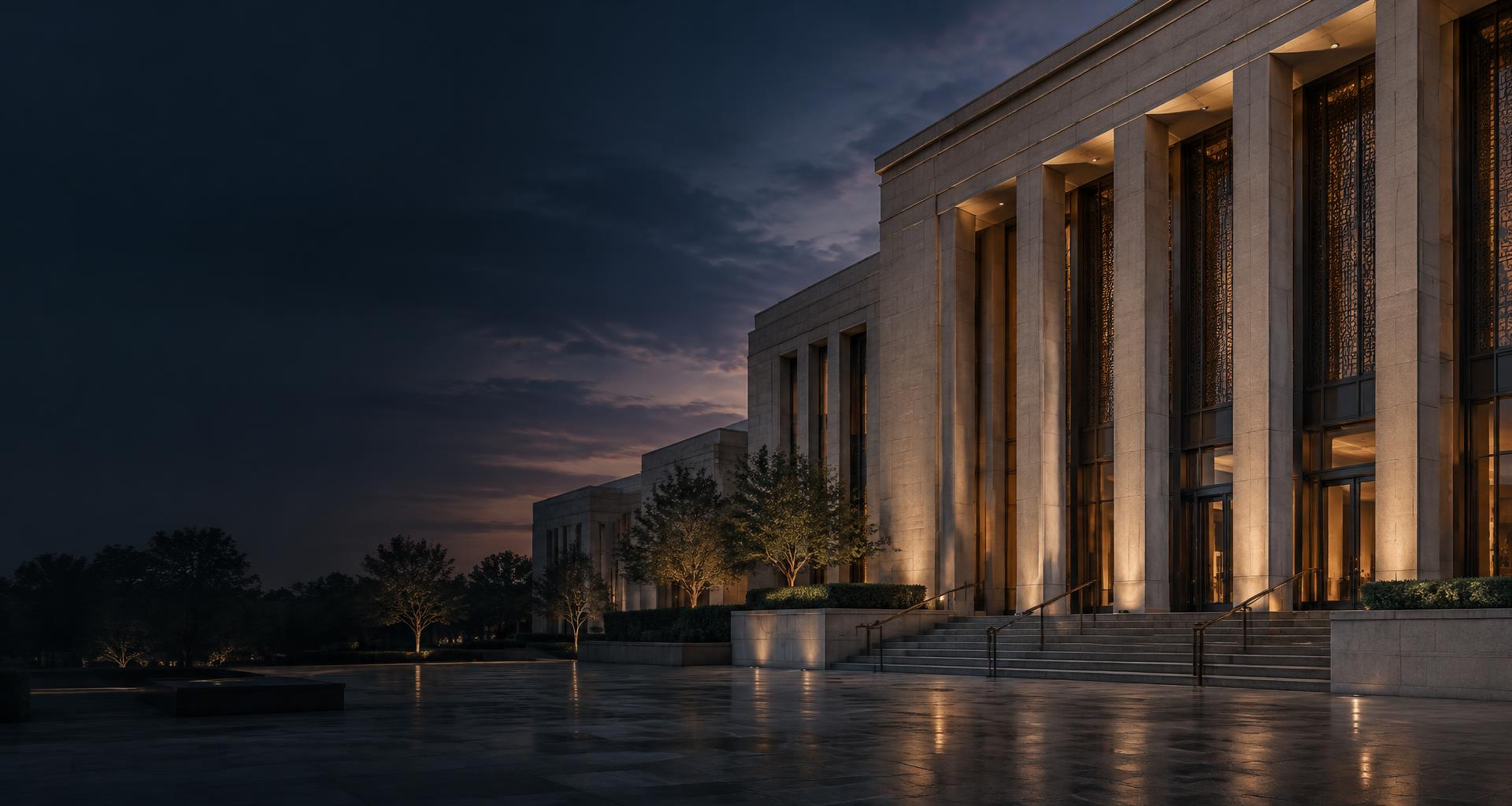 Conceptual civic architecture with formal geometry and durable stone materials