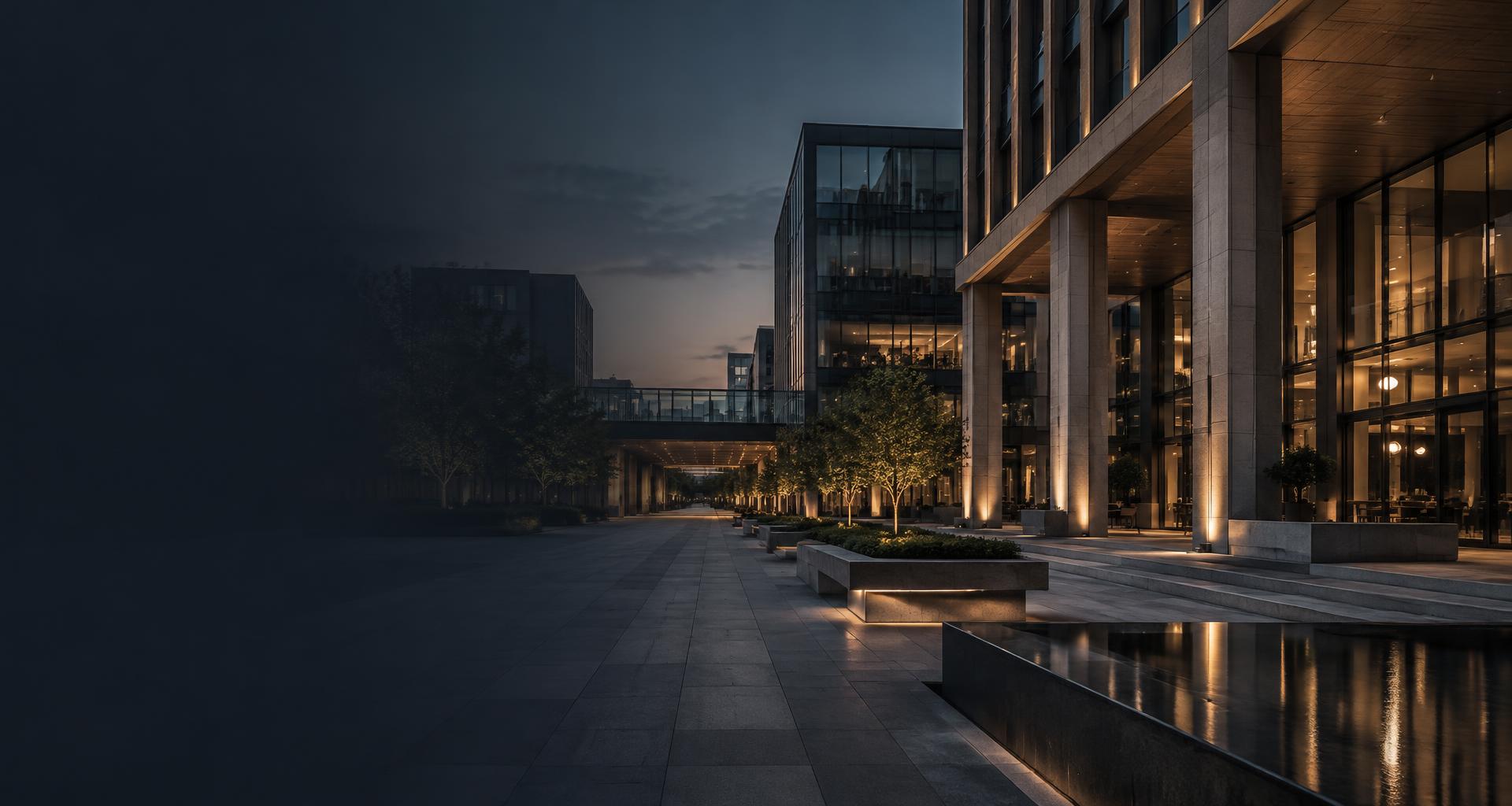 Conceptual mixed-use development with offices, retail frontage and public circulation